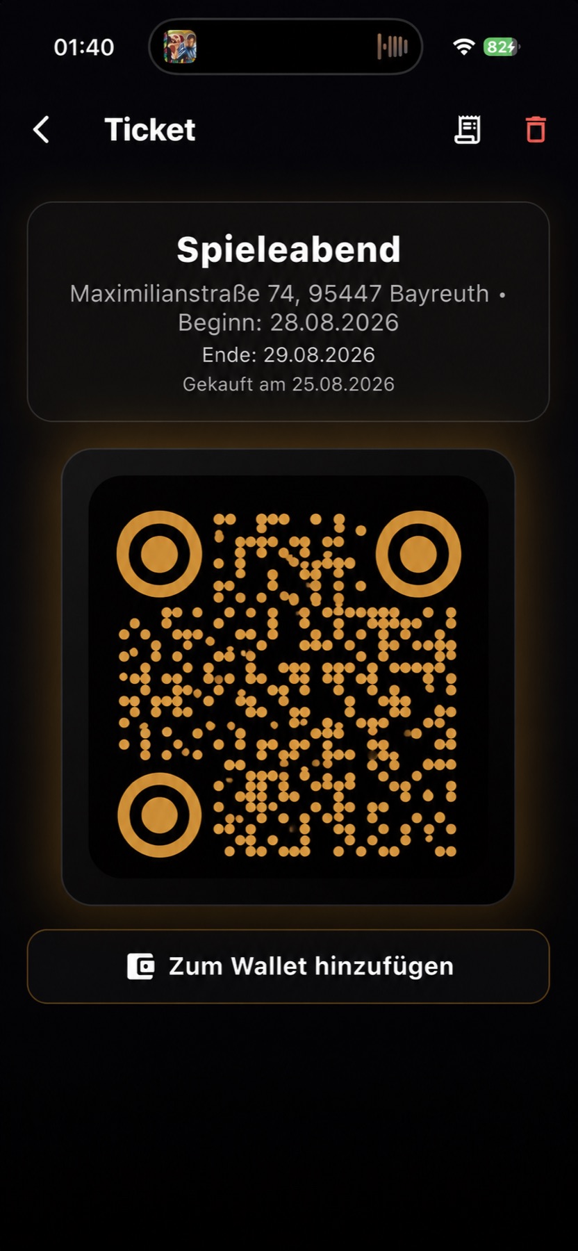 Cluvico-App: Ticketansicht für den Spieleabend mit Wallet-Option